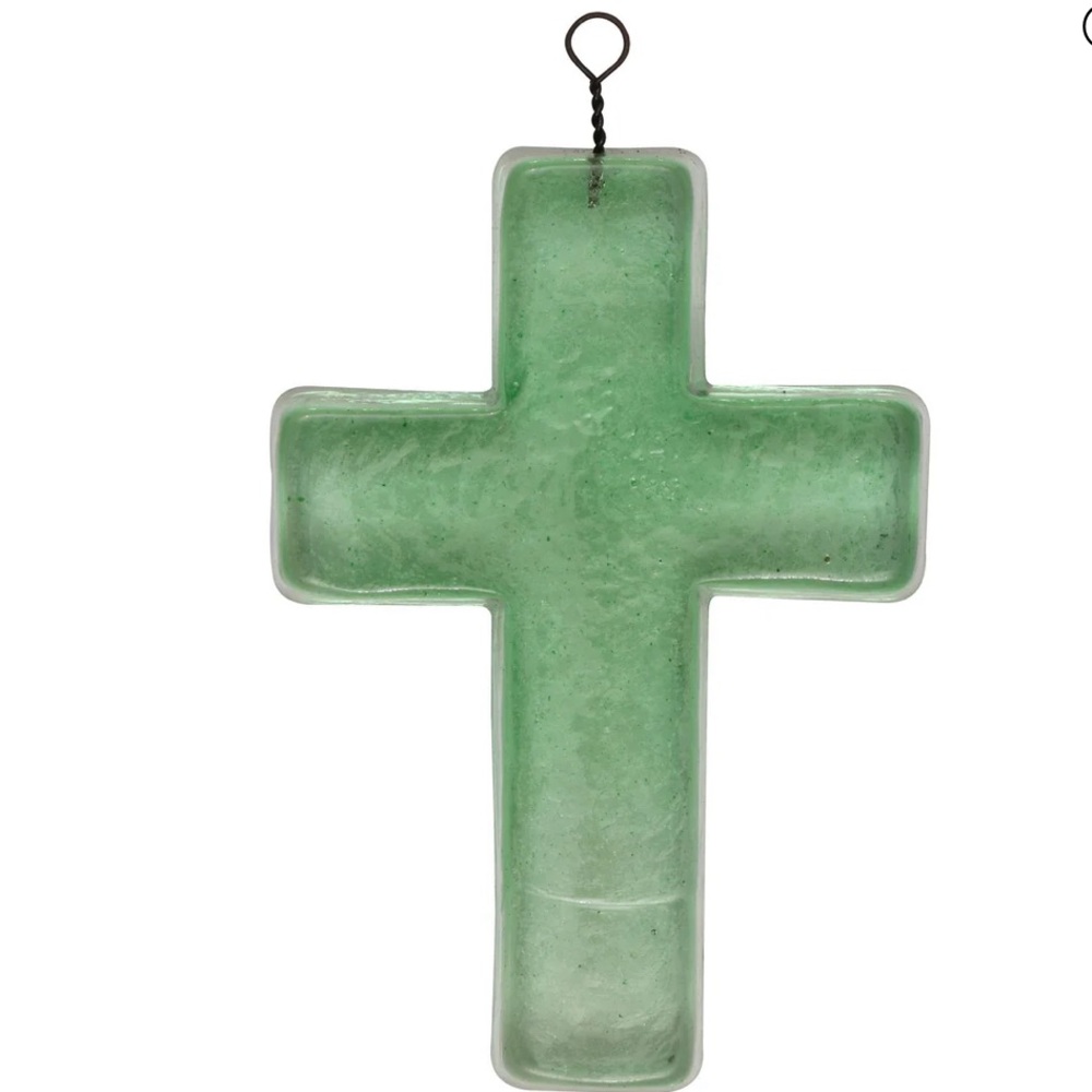 CREATIVE CO-OP NEW recycled glass hanging cross -green -4x5.34